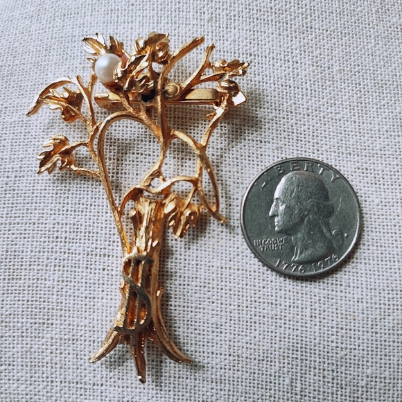 Lucky Money Tree Pin Gold Tone Faux Pearl Vintage Brooch Faux Pearl - Picture 3 of 6